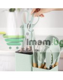 К-т силиконови прибори 33 части със стойка ножове, ножица и дъска